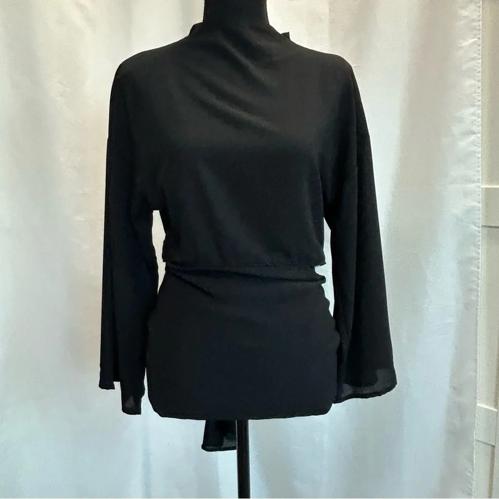 Zara Black Asymmetric Flowing Cut Out Open Back Blouse Top Tie Back NWOT - Picture 5 of 15